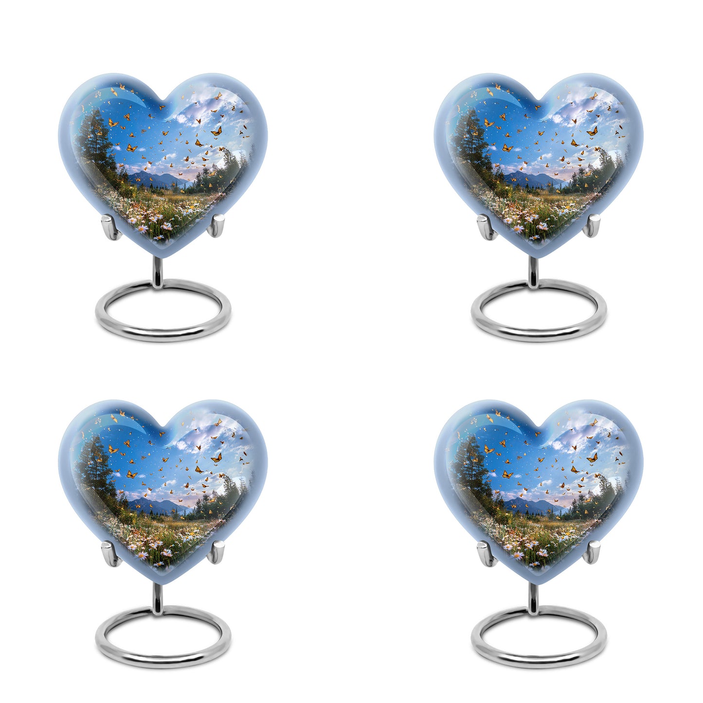 Steel Blue Daisy Cremation Urn angled view of lid and engraved motif - romantic heart urn with daisy motif on aluminum - 10 inch aluminum urn for cremated remains