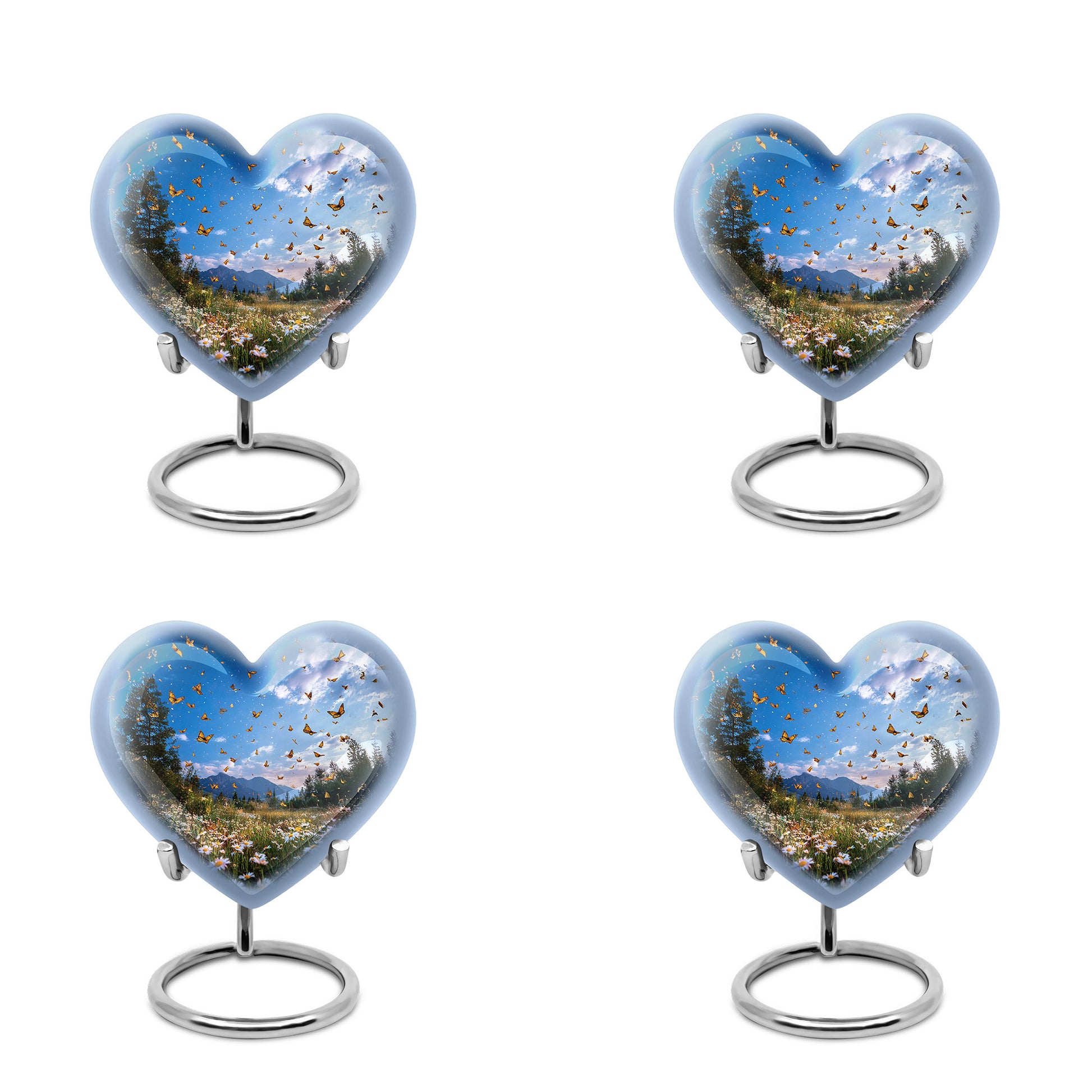 Steel Blue Daisy Cremation Urn angled view of lid and engraved motif - romantic heart urn with daisy motif on aluminum - 10 inch aluminum urn for cremated remains