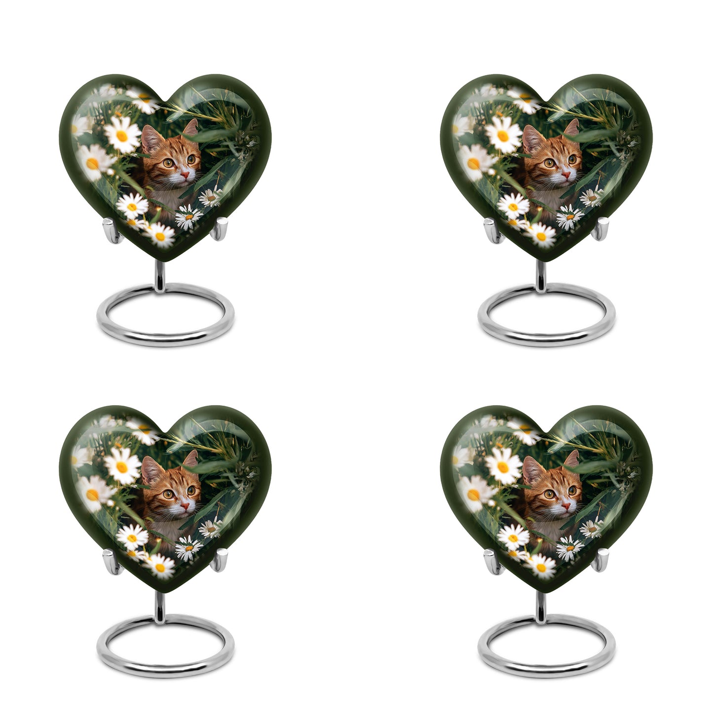 Pine Green Daisy Cremation Urn angled view of lid and engraved motif - compassionate heart-daisy combination with gentle curves - 10 inch aluminum urn for cremated remains