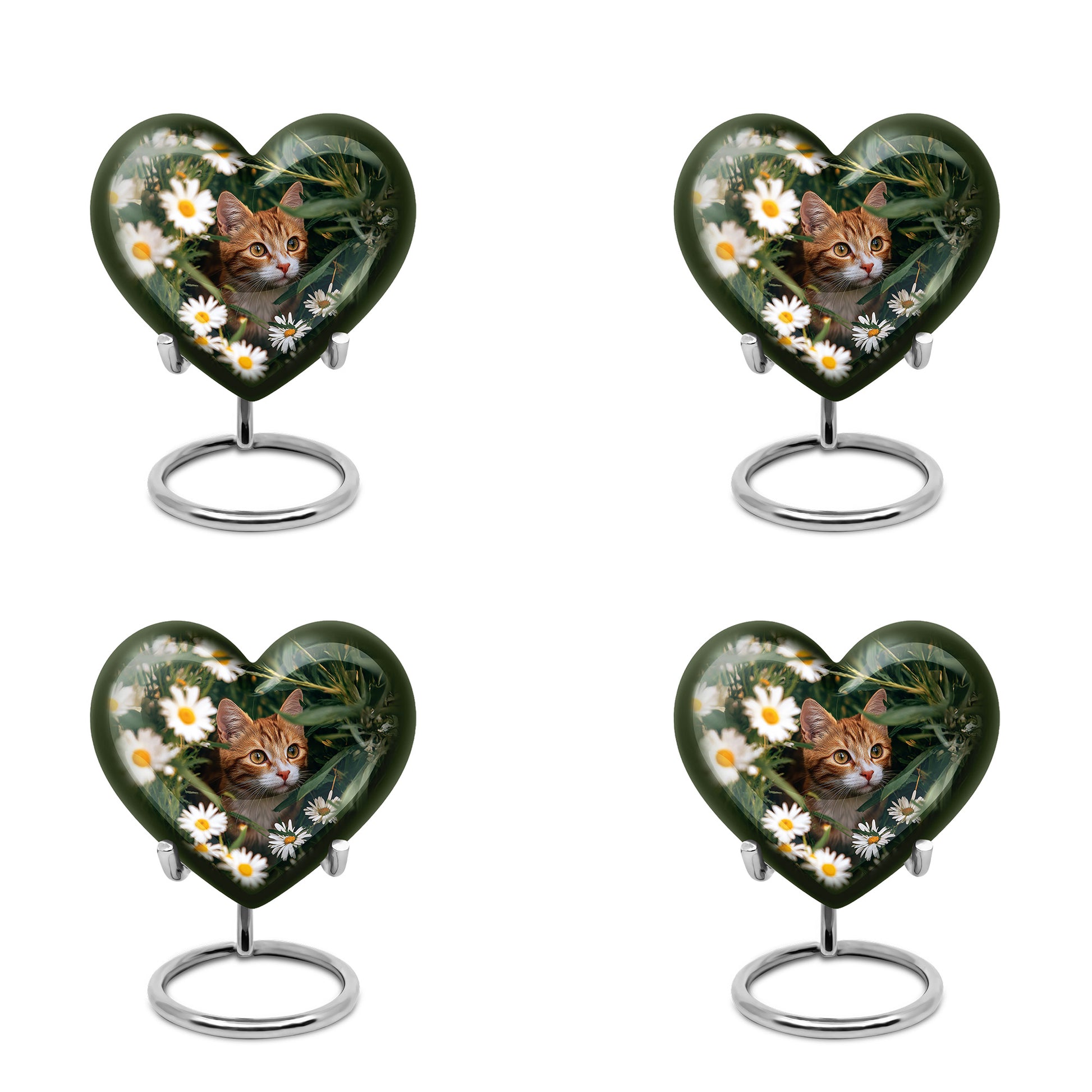 Pine Green Daisy Cremation Urn angled view of lid and engraved motif - compassionate heart-daisy combination with gentle curves - 10 inch aluminum urn for cremated remains
