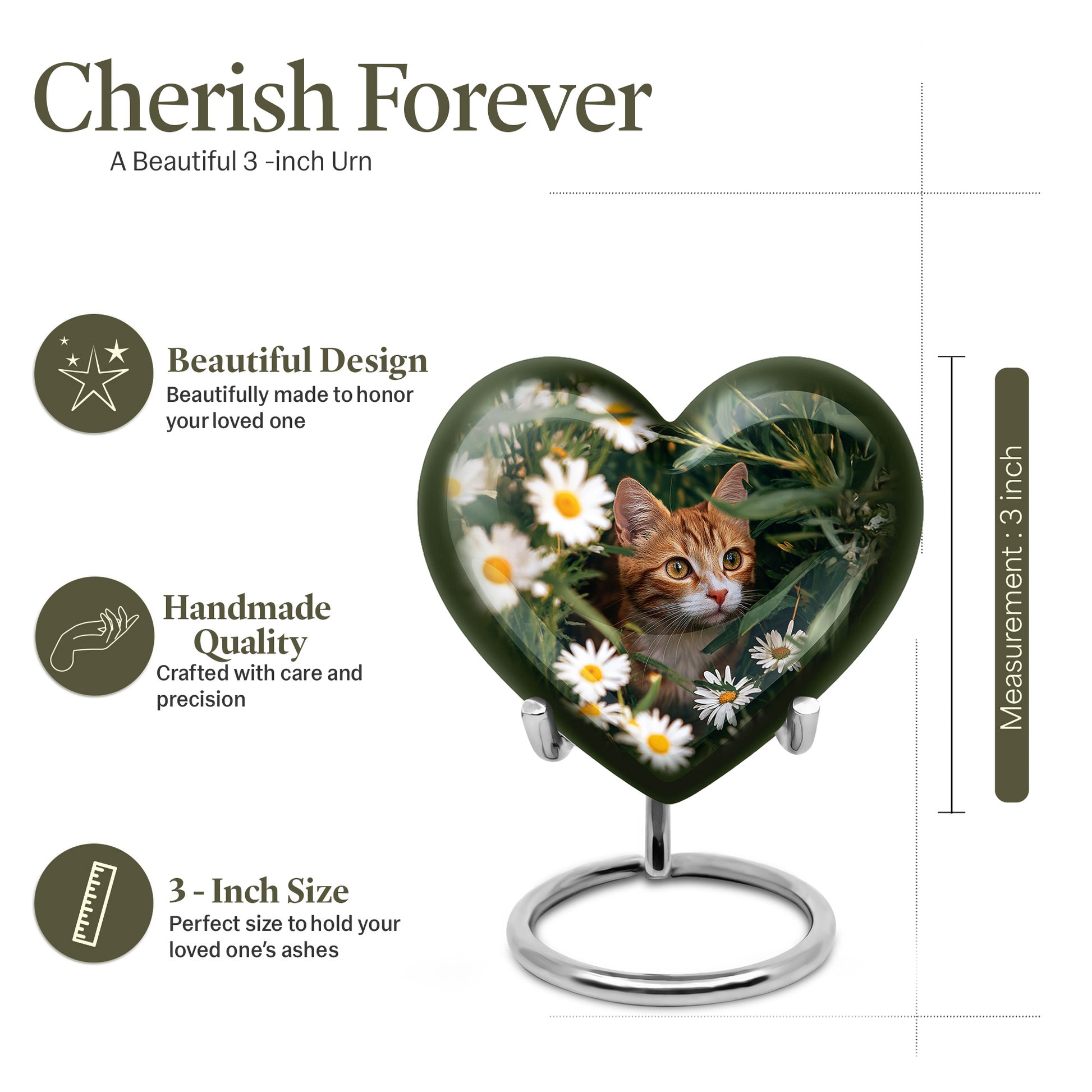 Mint Green Daisy Cremation Urn front view showing detailed design - romantic heart urn with daisy motif on aluminum - mini keepsake memorial for portion of cremation ashes
