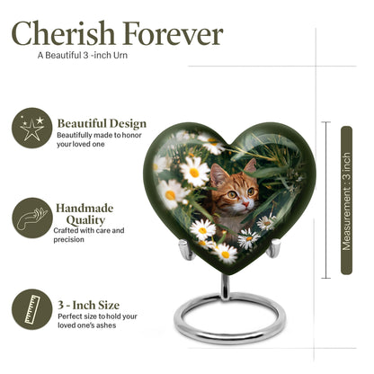 Mint Green Daisy Cremation Urn front view showing detailed design - romantic heart urn with daisy motif on aluminum - mini keepsake memorial for portion of cremation ashes