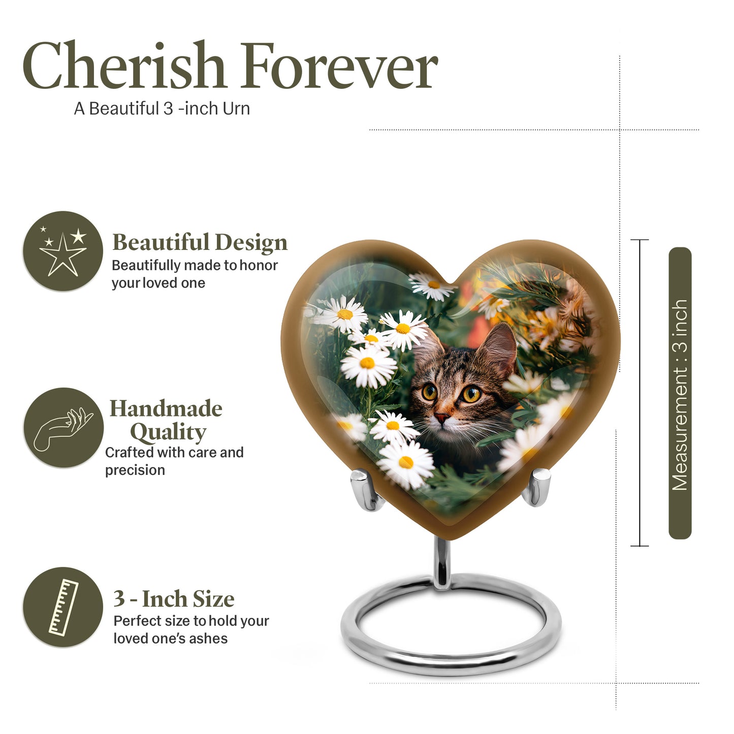 Sage Green Daisy Cremation Urn front view showing detailed design - loving heart memorial featuring daisy pattern - mini keepsake memorial for portion of cremation ashes