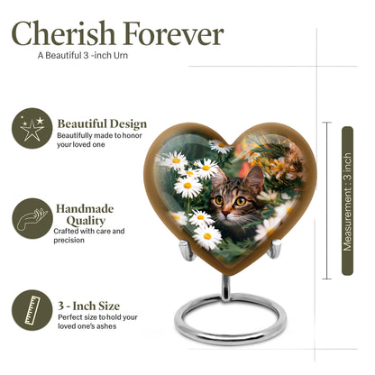 Sage Green Daisy Cremation Urn front view showing detailed design - loving heart memorial featuring daisy pattern - mini keepsake memorial for portion of cremation ashes