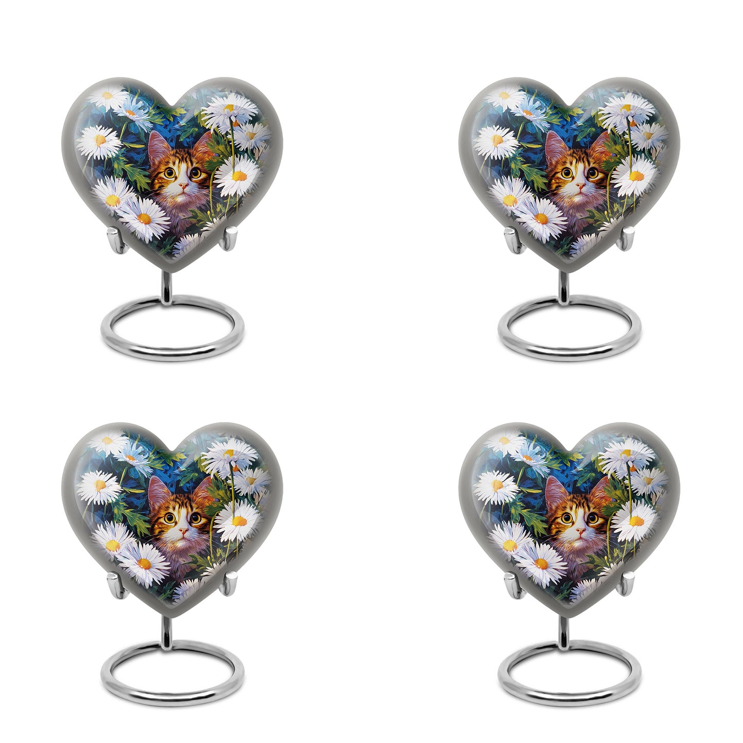 Indigo Daisy Cremation Urn angled view of lid and engraved motif - heart-shaped daisy design symbolizing eternal love - 10 inch aluminum urn for cremated remains
