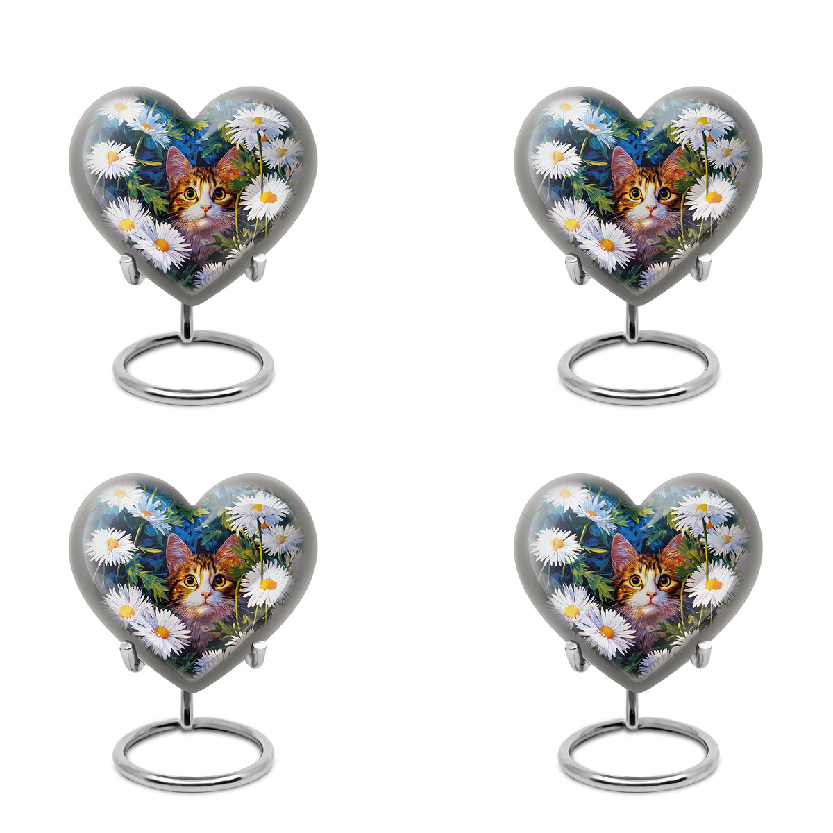 Indigo Daisy Cremation Urn angled view of lid and engraved motif - heart-shaped daisy design symbolizing eternal love - 10 inch aluminum urn for cremated remains