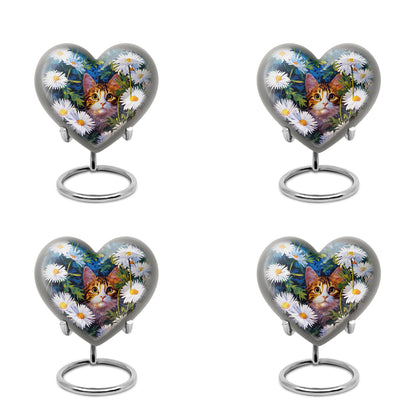 Indigo Daisy Cremation Urn angled view of lid and engraved motif - heart-shaped daisy design symbolizing eternal love - 10 inch aluminum urn for cremated remains