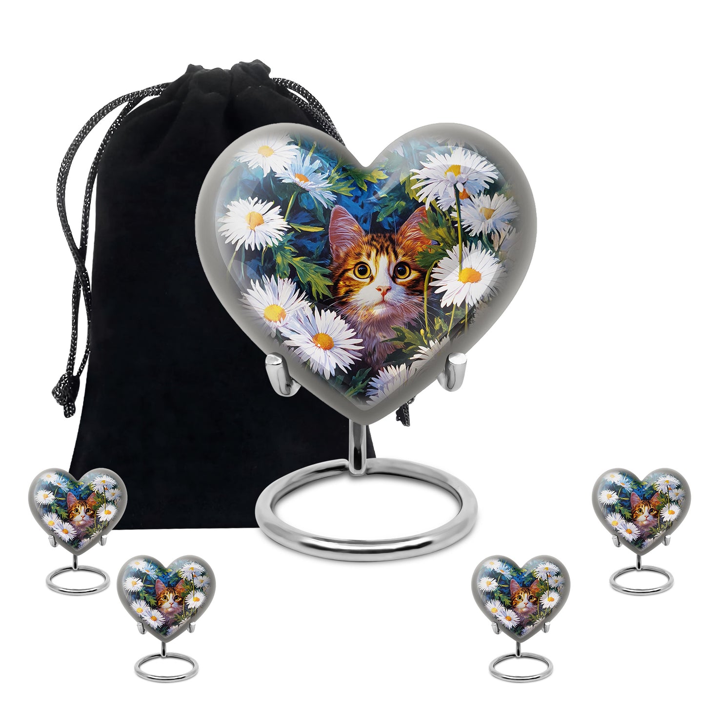 Bright Blue Daisy Cremation Urn close-up of engraving and surface detail - romantic heart urn with daisy motif on aluminum - memorial set with one large and four small urns