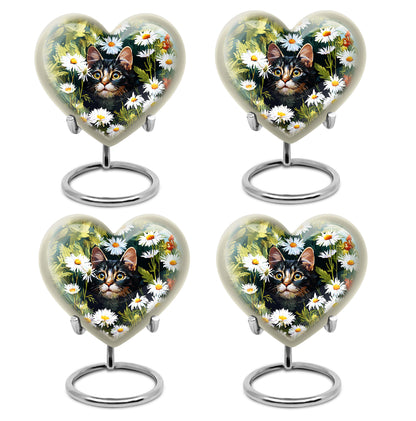 Warm Yellow Daisy Cremation Urn angled view of lid and engraved motif - heart-shaped daisy design symbolizing eternal love - 10 inch aluminum urn for cremated remains