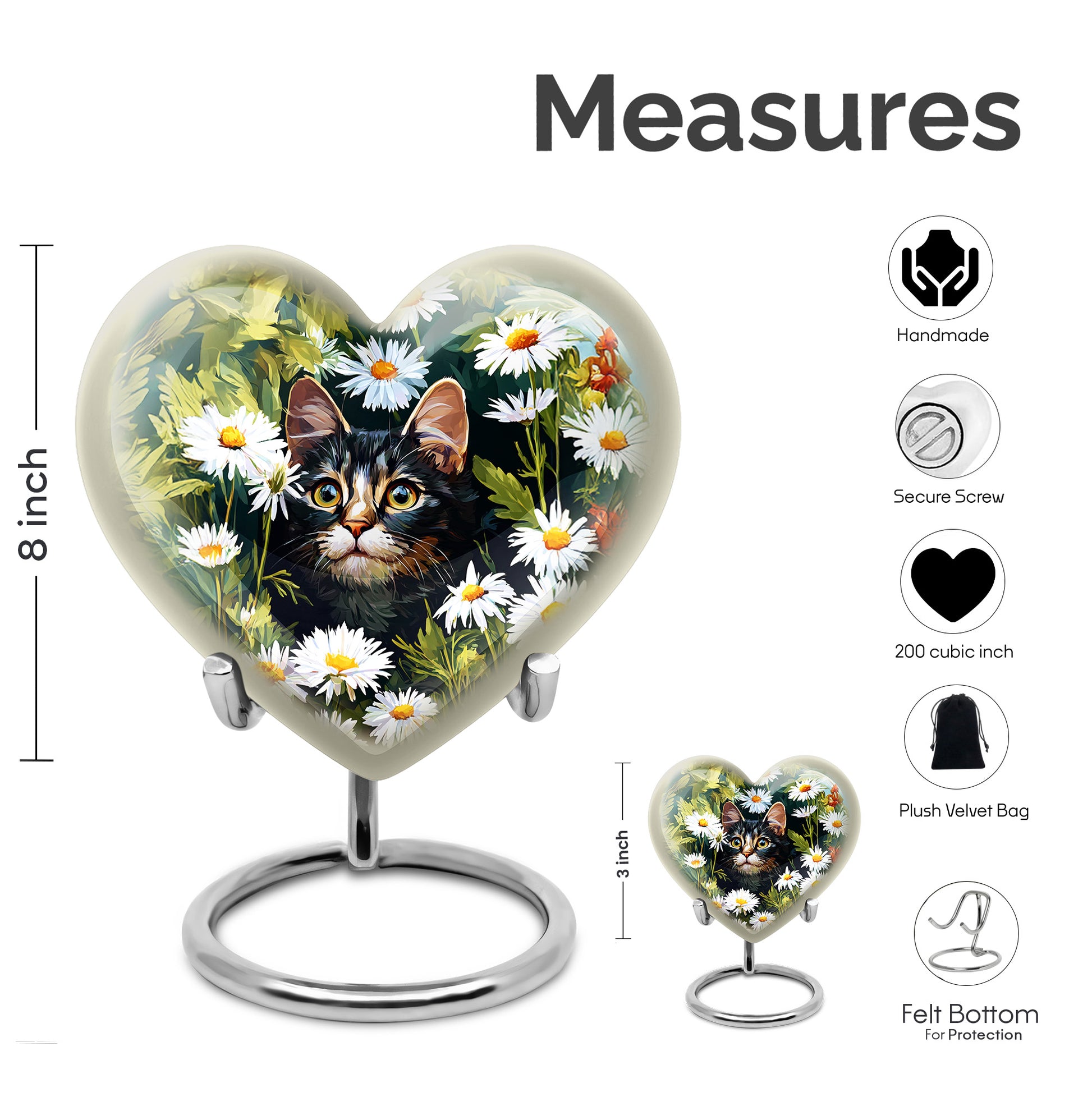 Marigold Yellow Daisy Cremation Urn front view showing detailed design - romantic heart urn with daisy motif on aluminum - mini keepsake memorial for portion of cremation ashes
