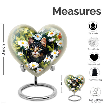 Marigold Yellow Daisy Cremation Urn front view showing detailed design - romantic heart urn with daisy motif on aluminum - mini keepsake memorial for portion of cremation ashes