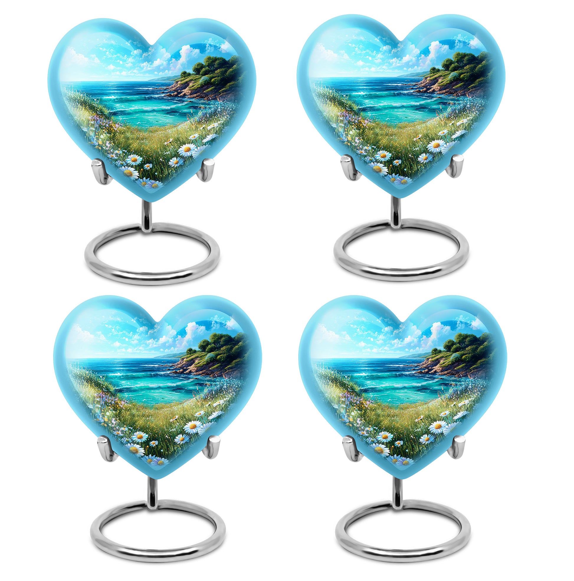 Sky Blue Daisy Cremation Urn angled view of lid and engraved motif - loving heart memorial featuring daisy pattern - 10 inch aluminum urn for cremated remains