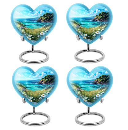 Sky Blue Daisy Cremation Urn angled view of lid and engraved motif - loving heart memorial featuring daisy pattern - 10 inch aluminum urn for cremated remains