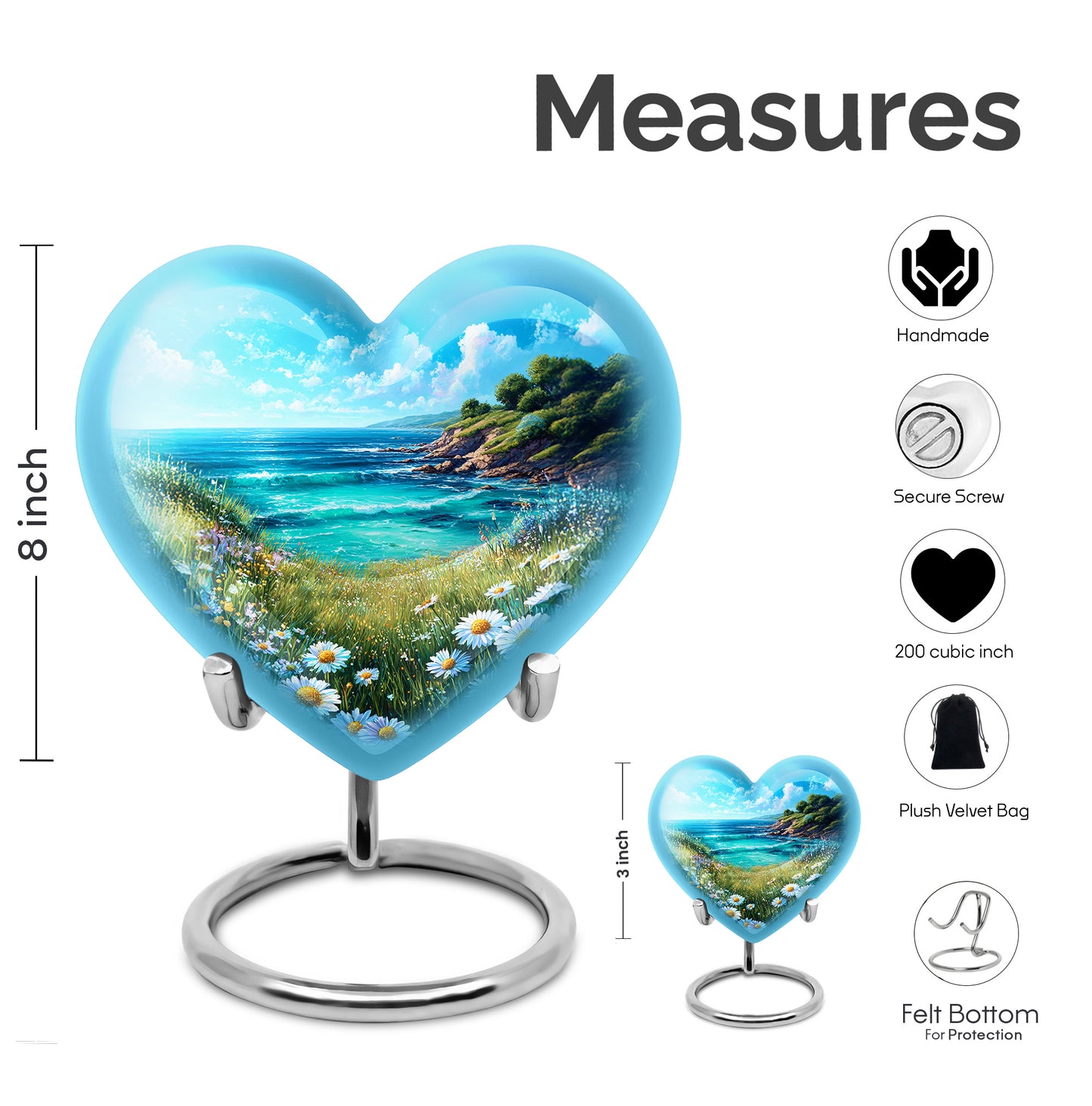 Soft Blue Daisy Cremation Urn front view showing detailed design - romantic heart urn with daisy motif on aluminum - mini keepsake memorial for portion of cremation ashes