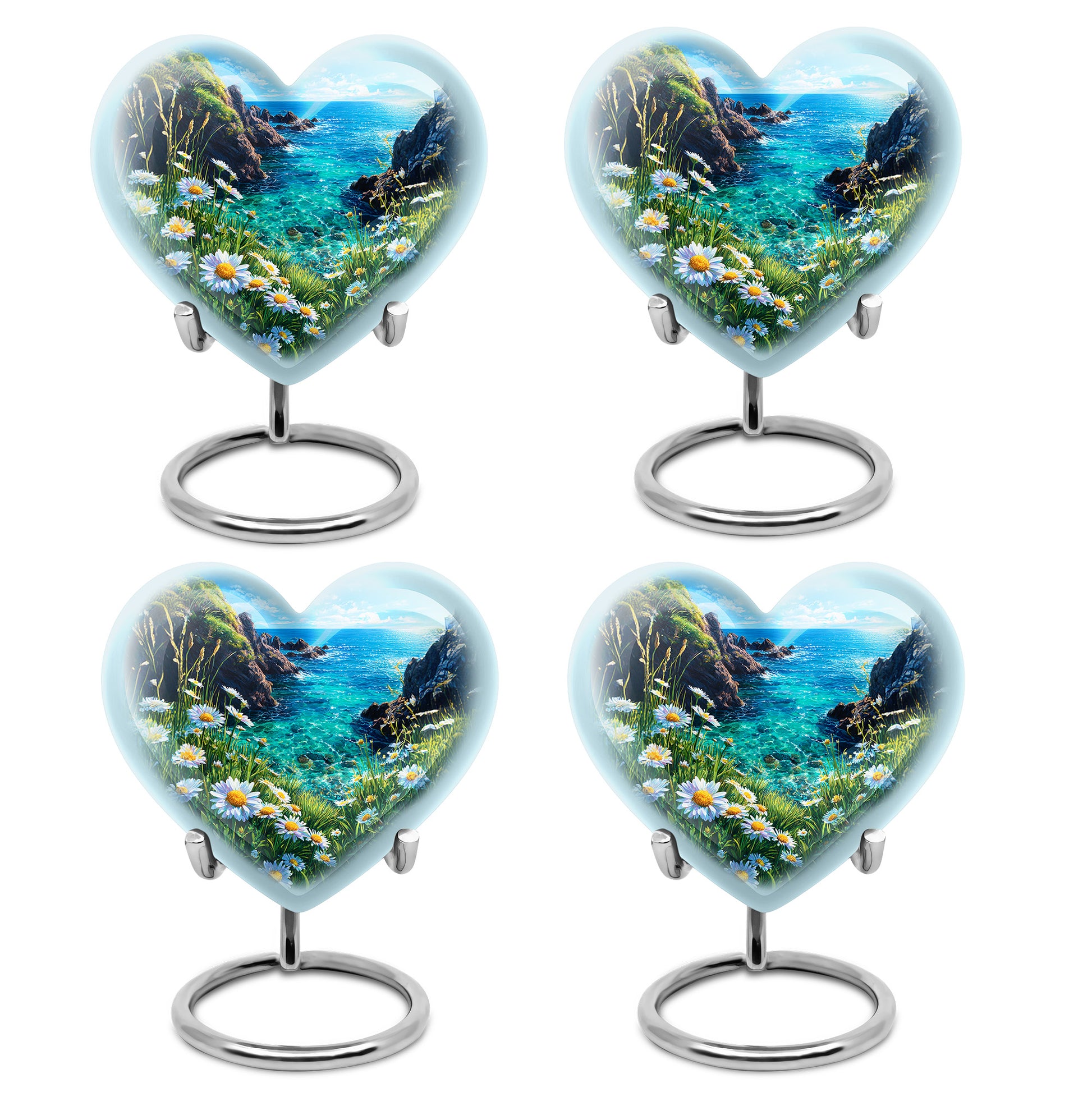 Royal Blue Daisy Cremation Urn angled view of lid and engraved motif - romantic heart urn with daisy motif on aluminum - 10 inch aluminum urn for cremated remains
