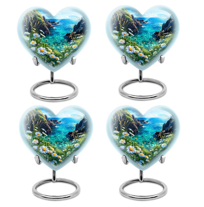 Royal Blue Daisy Cremation Urn angled view of lid and engraved motif - romantic heart urn with daisy motif on aluminum - 10 inch aluminum urn for cremated remains