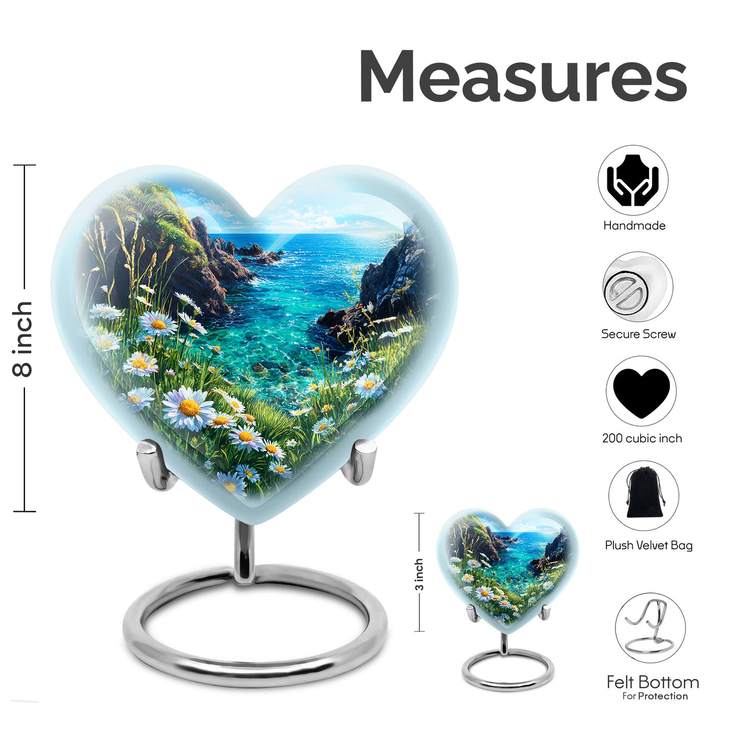 Twilight Blue Daisy Cremation Urn front view showing detailed design - compassionate heart-daisy combination with gentle curves - mini keepsake memorial for portion of cremation ashes