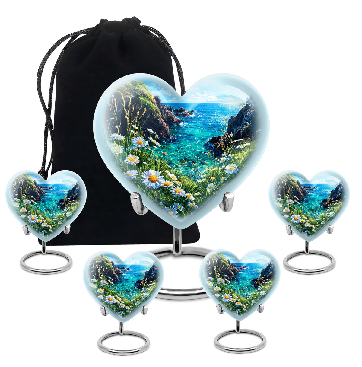 Sky Blue Daisy Cremation Urn close-up of engraving and surface detail - heart-shaped daisy design symbolizing eternal love - memorial set with one large and four small urns