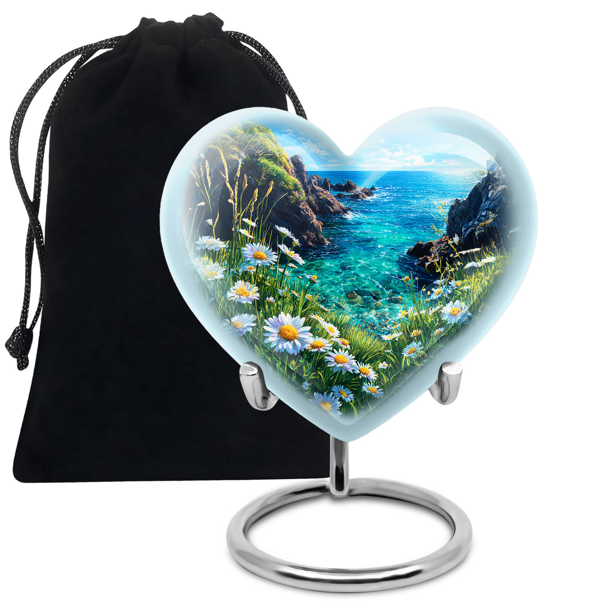 Steel Blue Daisy Cremation Urn detail view - compassionate heart-daisy combination with gentle curves - full-size 10 inch 200 cubic inch adult cremation urn