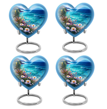 Steel Blue Daisy Cremation Urn angled view of lid and engraved motif - romantic heart urn with daisy motif on aluminum - 10 inch aluminum urn for cremated remains