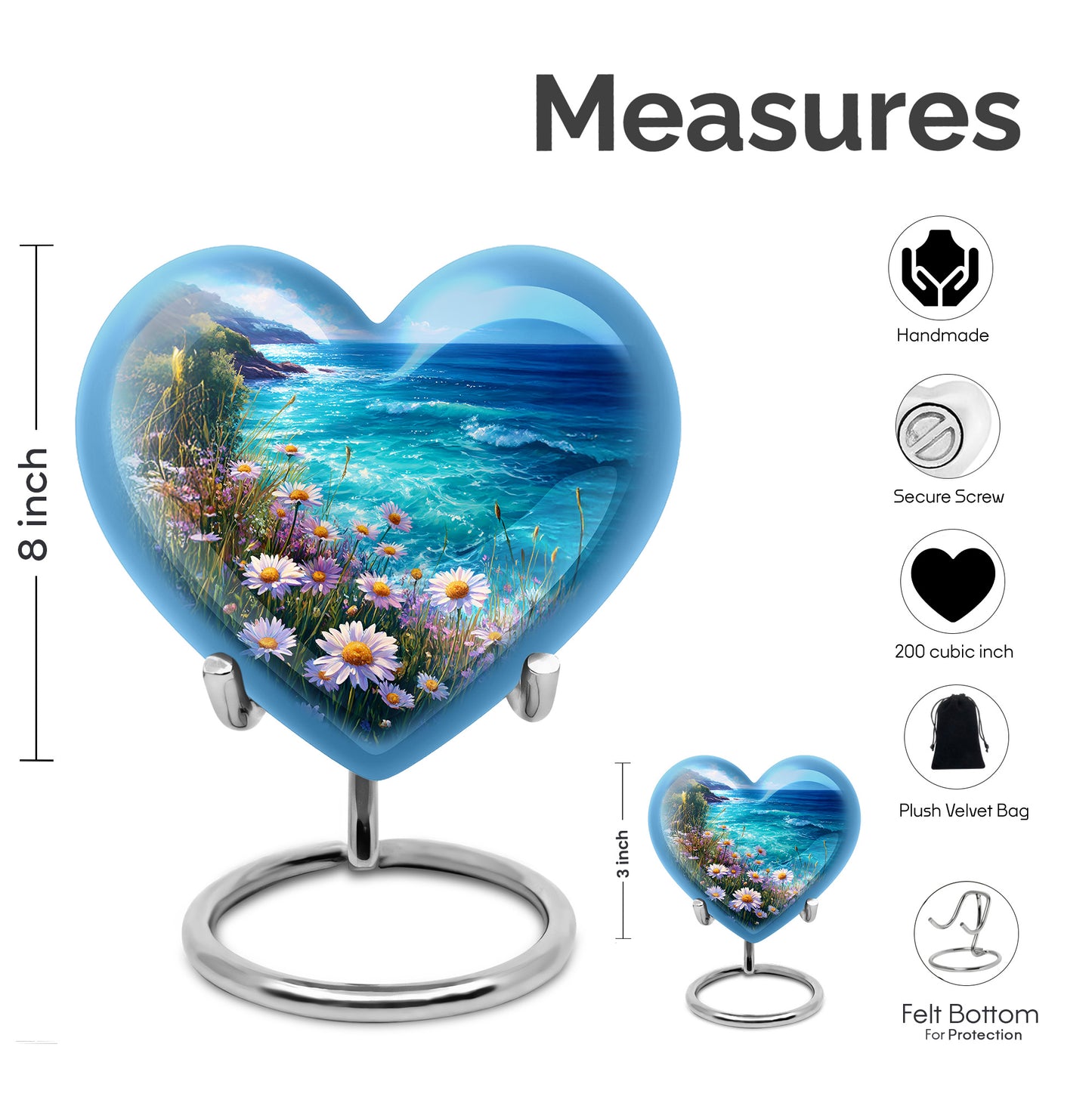Slate Blue Daisy Cremation Urn front view showing detailed design - heart-shaped daisy design symbolizing eternal love - mini keepsake memorial for portion of cremation ashes