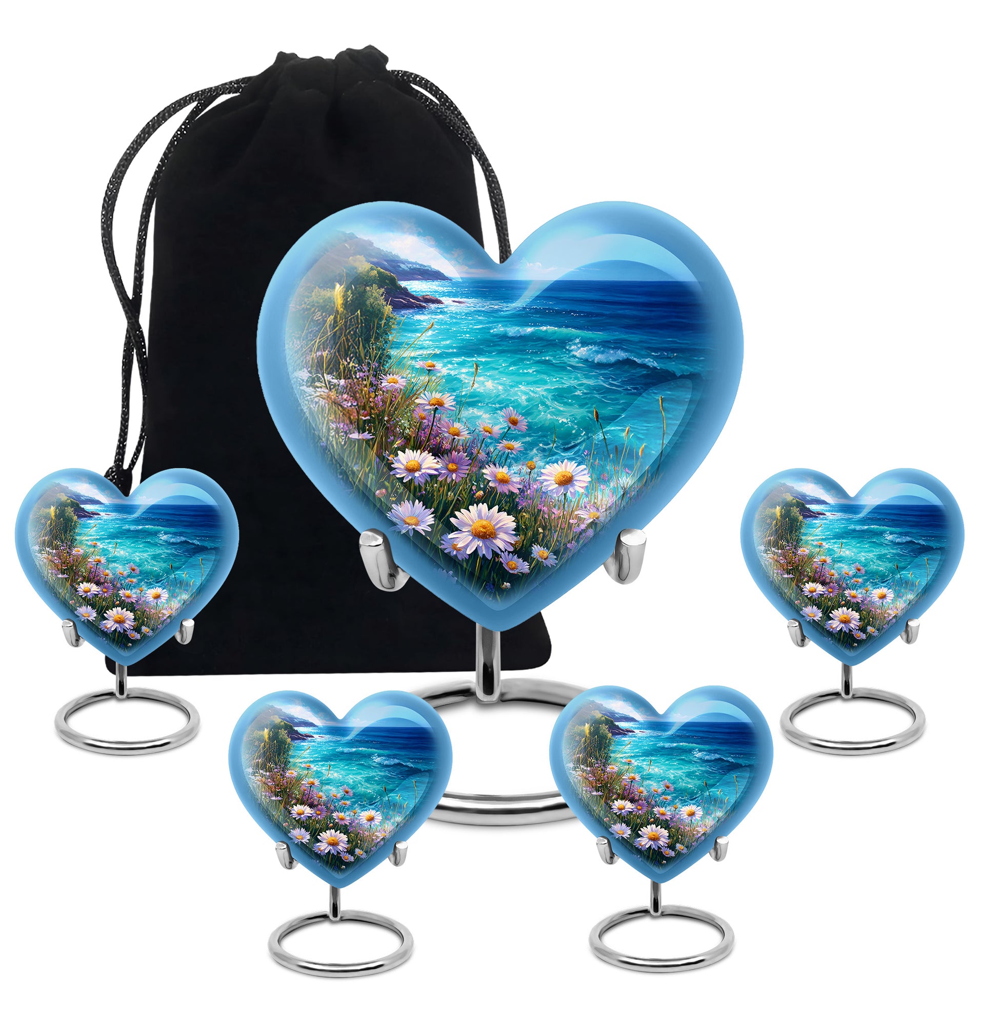Cobalt Blue Daisy Cremation Urn close-up of engraving and surface detail - romantic heart urn with daisy motif on aluminum - memorial set with one large and four small urns