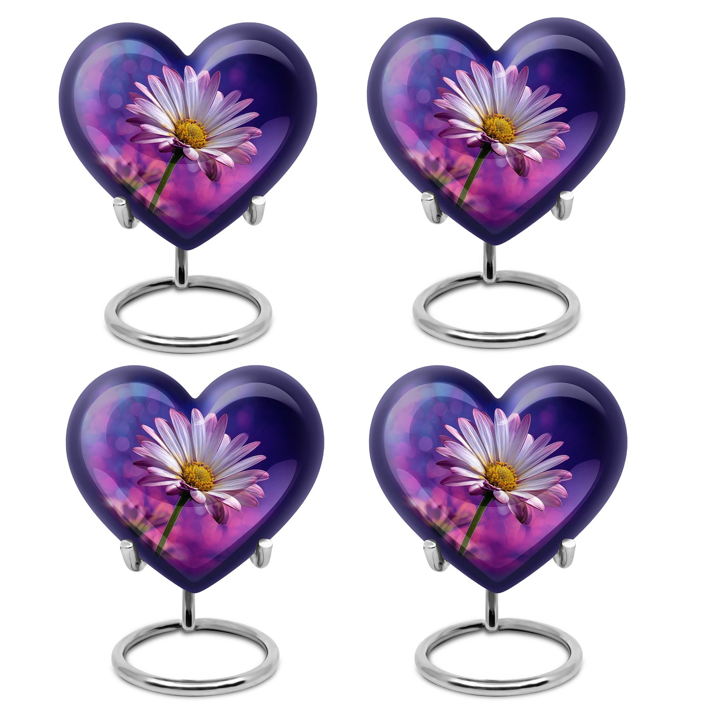 Azure Daisy Cremation Urn angled view of lid and engraved motif - heart-shaped daisy design symbolizing eternal love - 10 inch aluminum urn for cremated remains