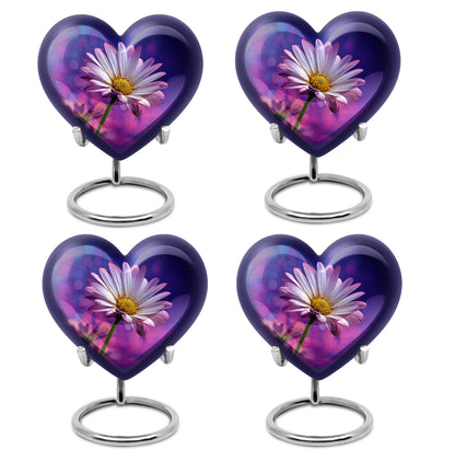 Azure Daisy Cremation Urn angled view of lid and engraved motif - heart-shaped daisy design symbolizing eternal love - 10 inch aluminum urn for cremated remains