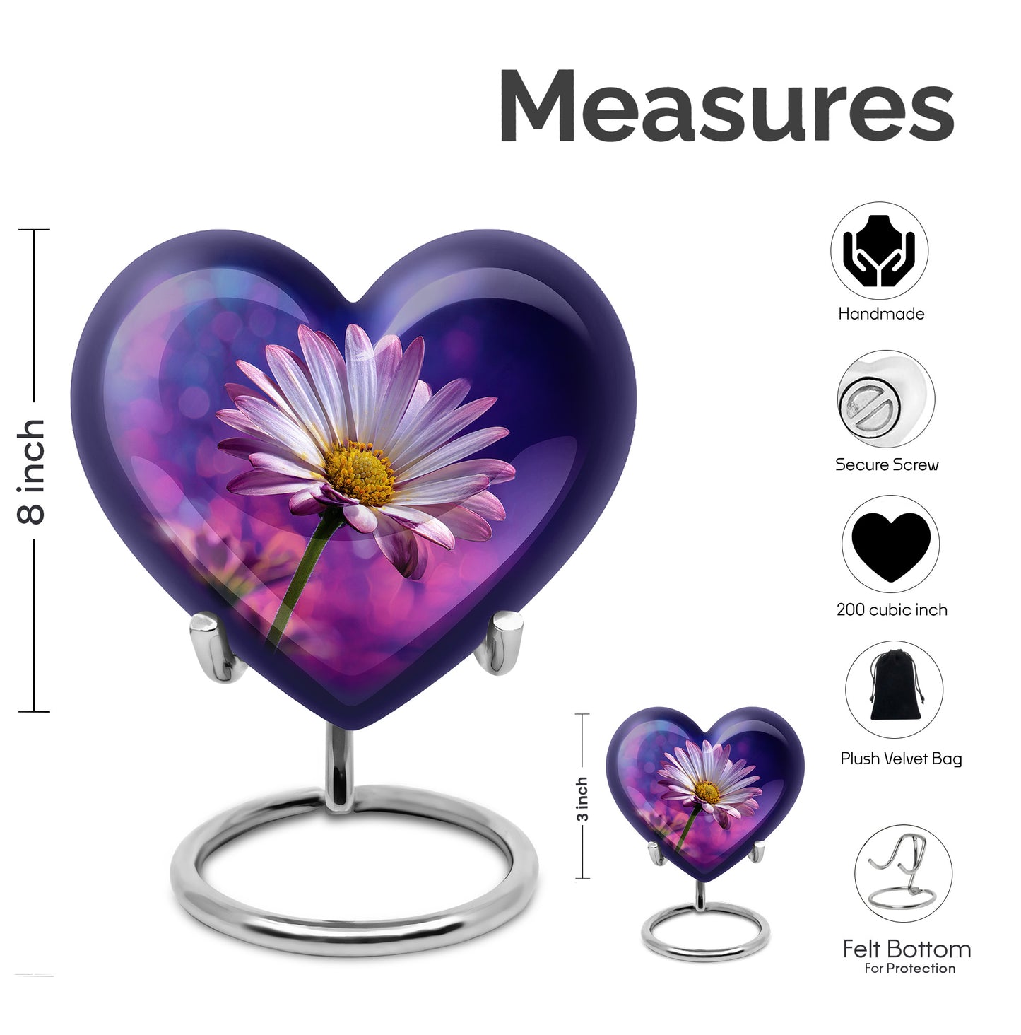 Misty Blue Daisy Cremation Urn front view showing detailed design - heart-shaped daisy design symbolizing eternal love - mini keepsake memorial for portion of cremation ashes