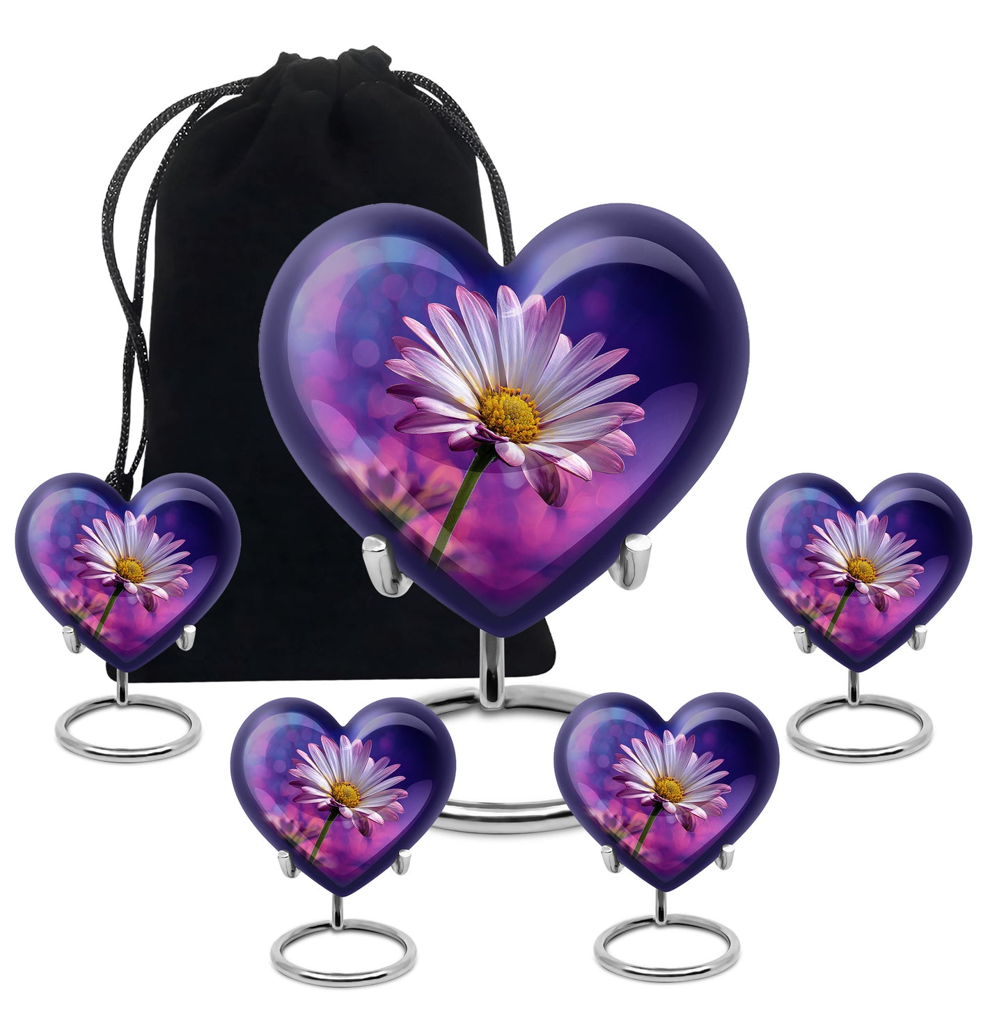 Indigo Daisy Cremation Urn close-up of engraving and surface detail - heart-shaped daisy design symbolizing eternal love - memorial set with one large and four small urns