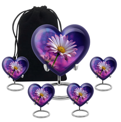 Indigo Daisy Cremation Urn close-up of engraving and surface detail - heart-shaped daisy design symbolizing eternal love - memorial set with one large and four small urns