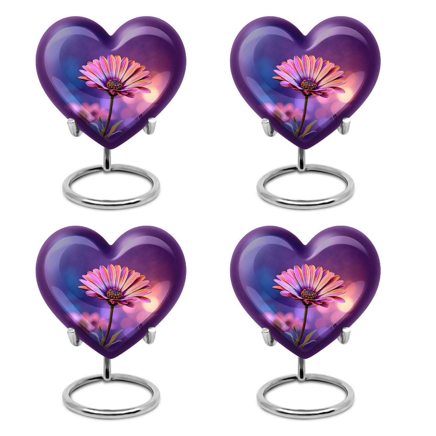 Dusty Blue Daisy Cremation Urn angled view of lid and engraved motif - heart-shaped daisy design symbolizing eternal love - 10 inch aluminum urn for cremated remains