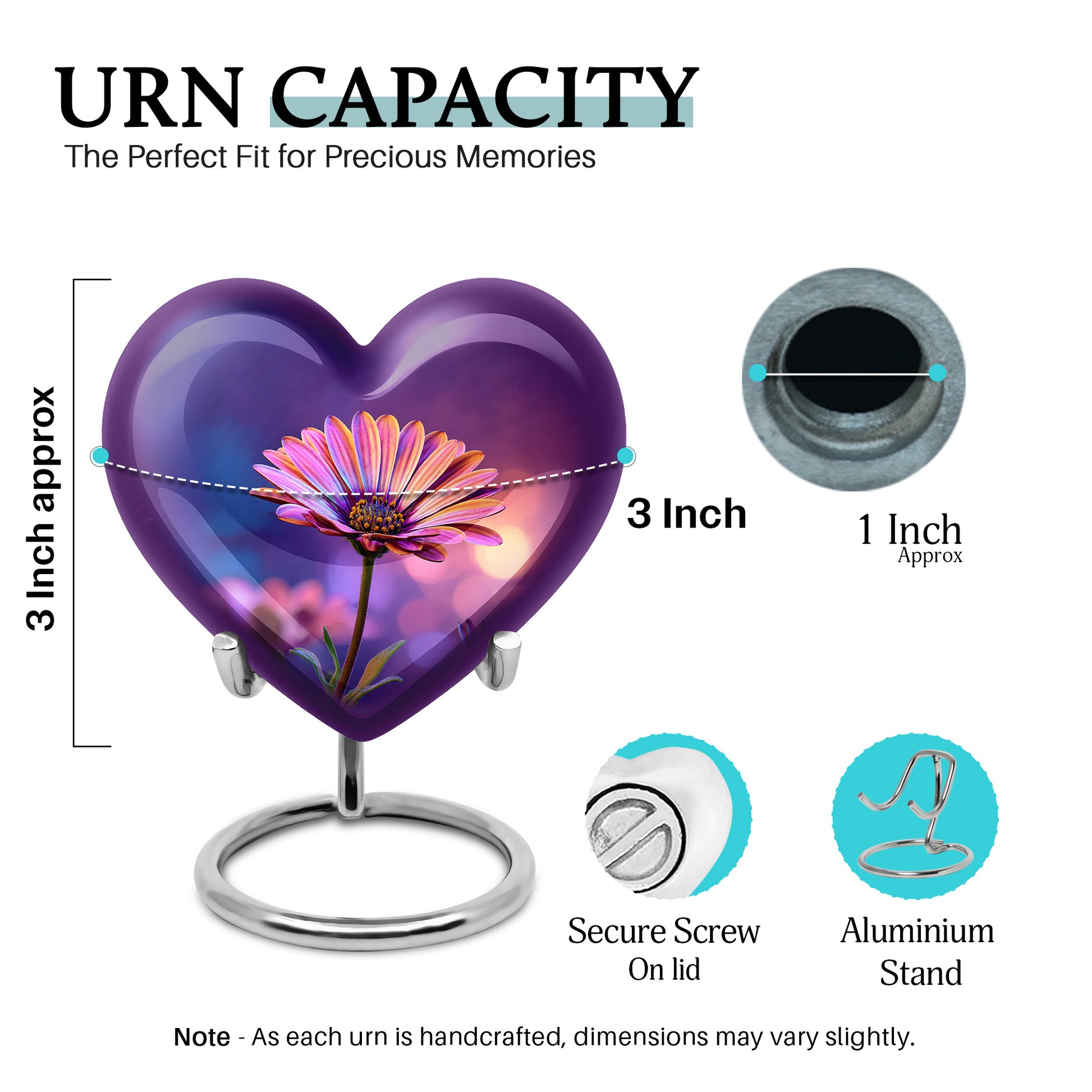 Indigo Daisy Cremation Urn front view showing detailed design - loving heart memorial featuring daisy pattern - mini keepsake memorial for portion of cremation ashes