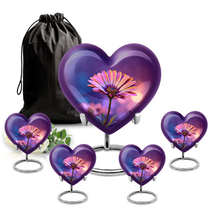 Slate Blue Daisy Cremation Urn close-up of engraving and surface detail - heart-shaped daisy design symbolizing eternal love - memorial set with one large and four small urns