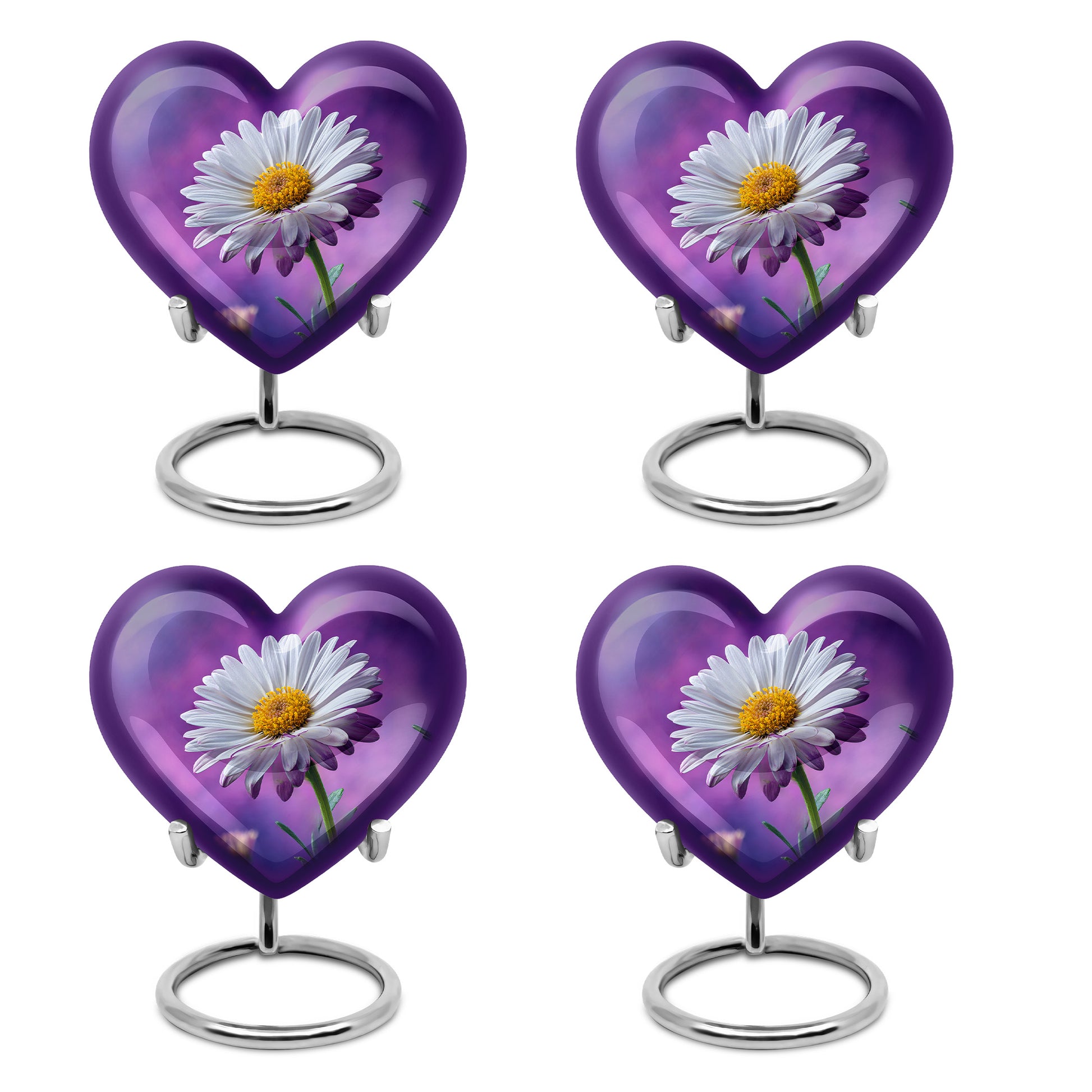 Plum Purple Daisy Cremation Urn angled view of lid and engraved motif - loving heart memorial featuring daisy pattern - 10 inch aluminum urn for cremated remains