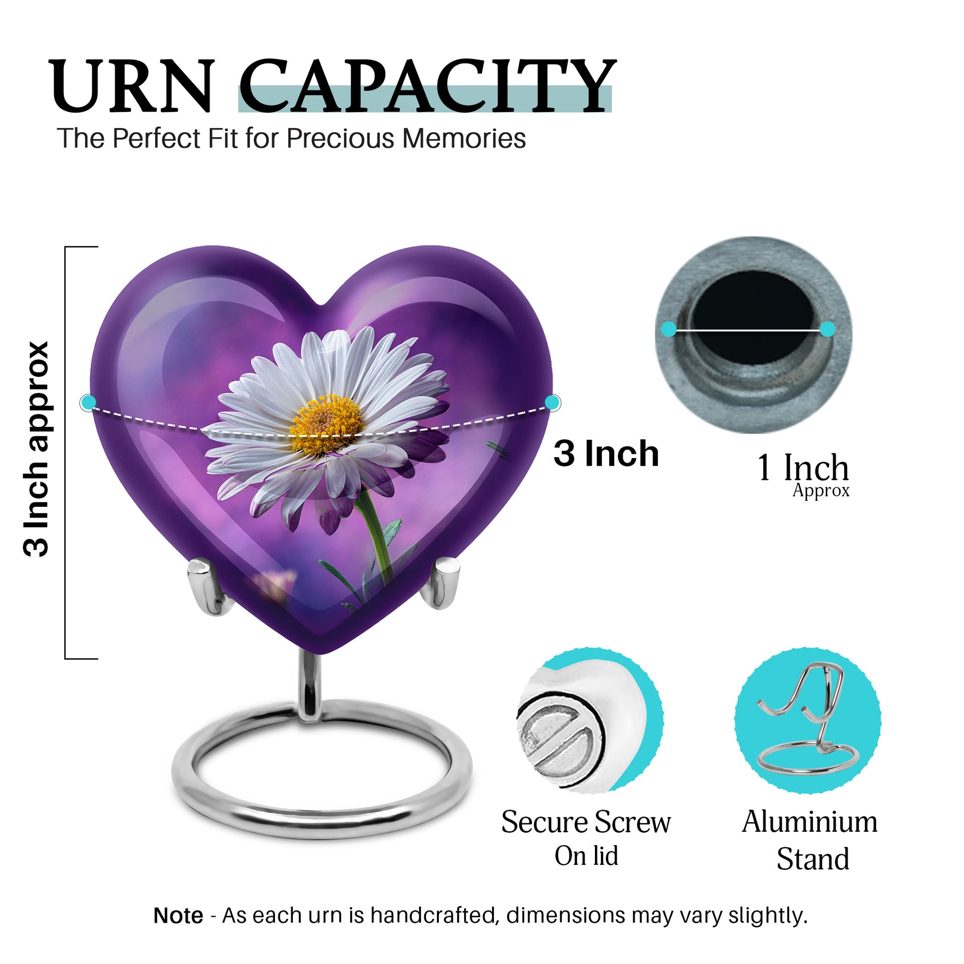 Orchid Purple Daisy Cremation Urn front view showing detailed design - heart-shaped daisy design symbolizing eternal love - mini keepsake memorial for portion of cremation ashes