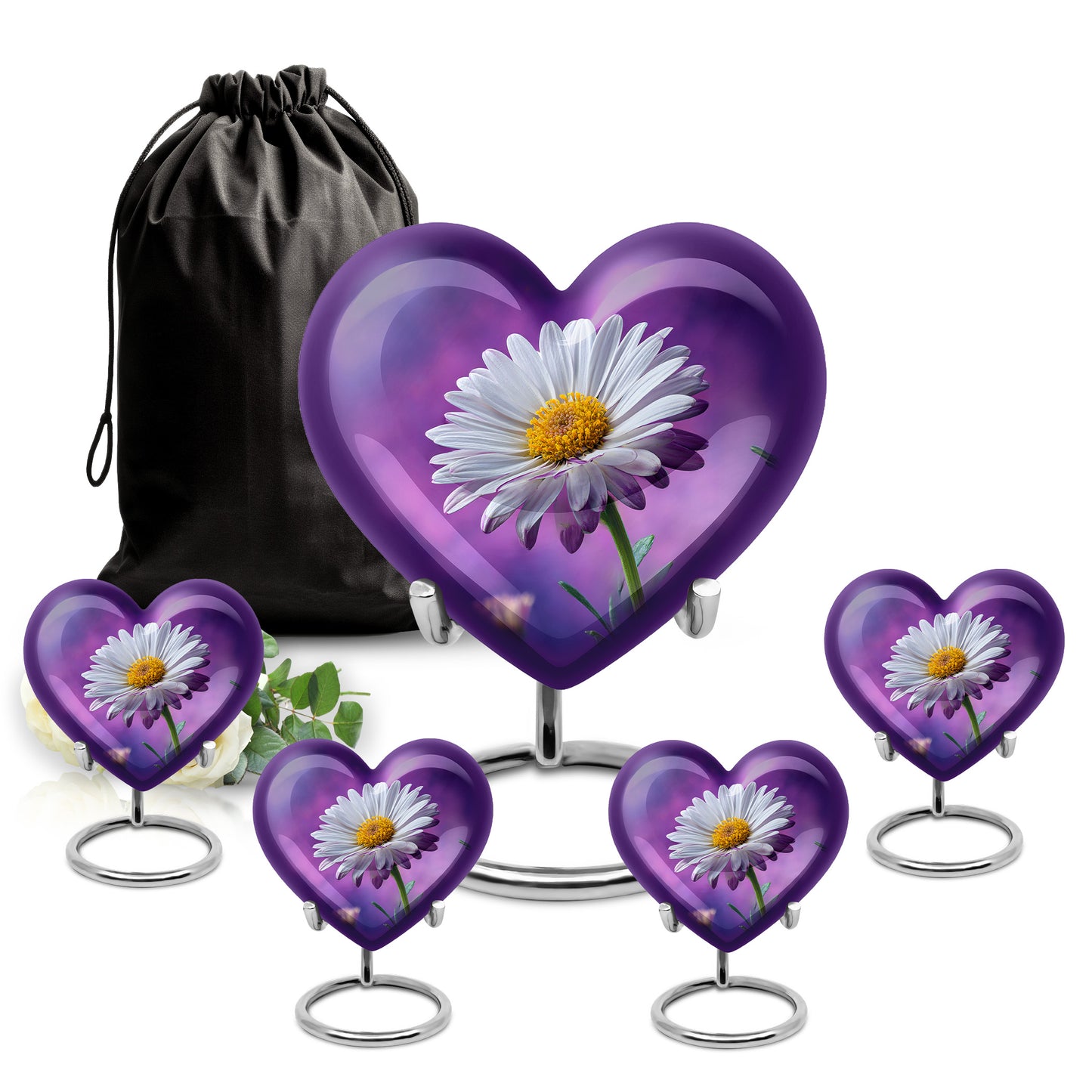 Twilight Purple Daisy Cremation Urn close-up of engraving and surface detail - compassionate heart-daisy combination with gentle curves - memorial set with one large and four small urns