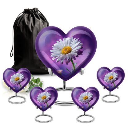 Twilight Purple Daisy Cremation Urn close-up of engraving and surface detail - compassionate heart-daisy combination with gentle curves - memorial set with one large and four small urns