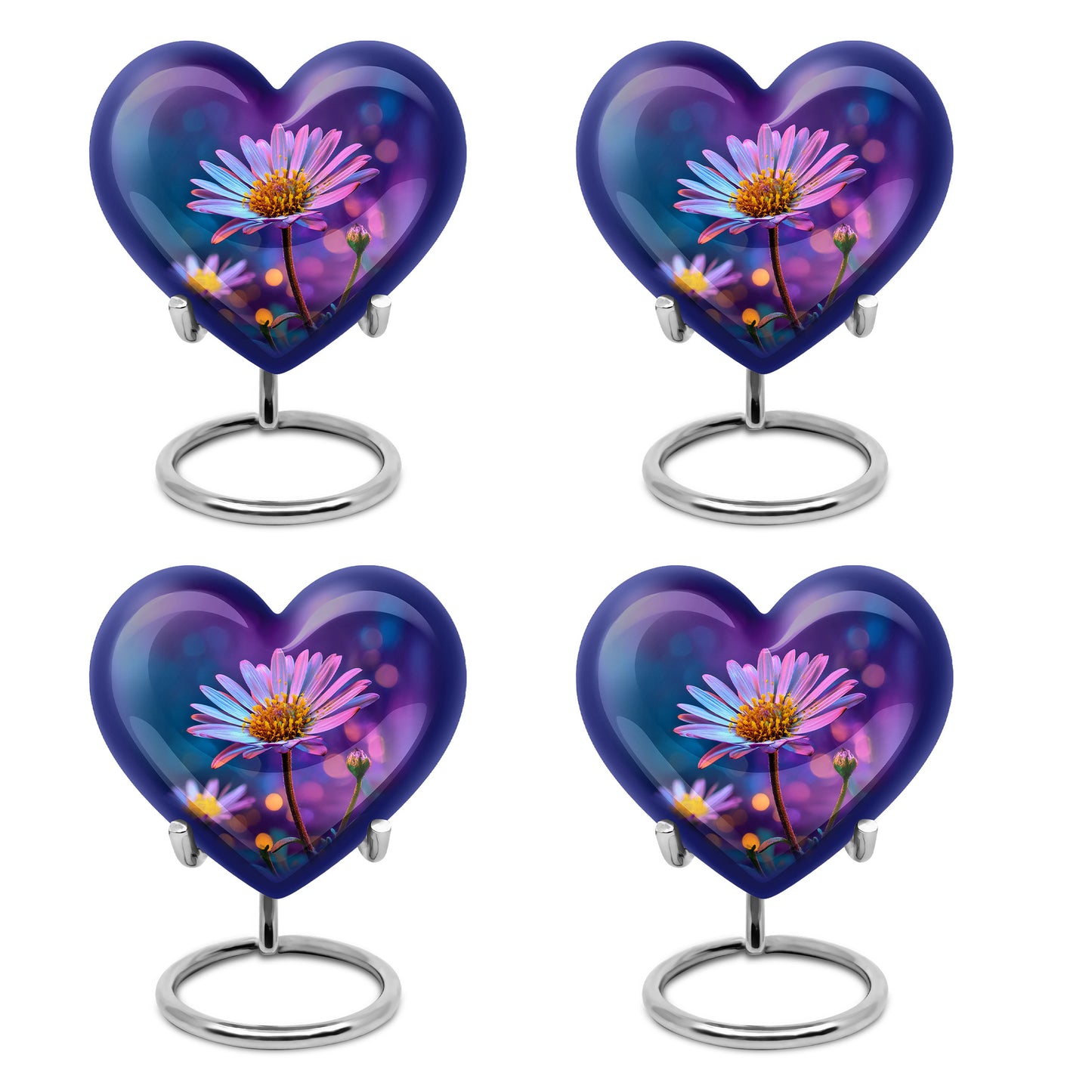 Twilight Purple Daisy Cremation Urn angled view of lid and engraved motif - romantic heart urn with daisy motif on aluminum - 10 inch aluminum urn for cremated remains