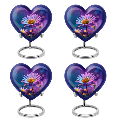 Twilight Purple Daisy Cremation Urn angled view of lid and engraved motif - romantic heart urn with daisy motif on aluminum - 10 inch aluminum urn for cremated remains