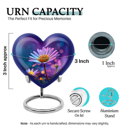 Majestic Purple Daisy Cremation Urn front view showing detailed design - loving heart memorial featuring daisy pattern - mini keepsake memorial for portion of cremation ashes