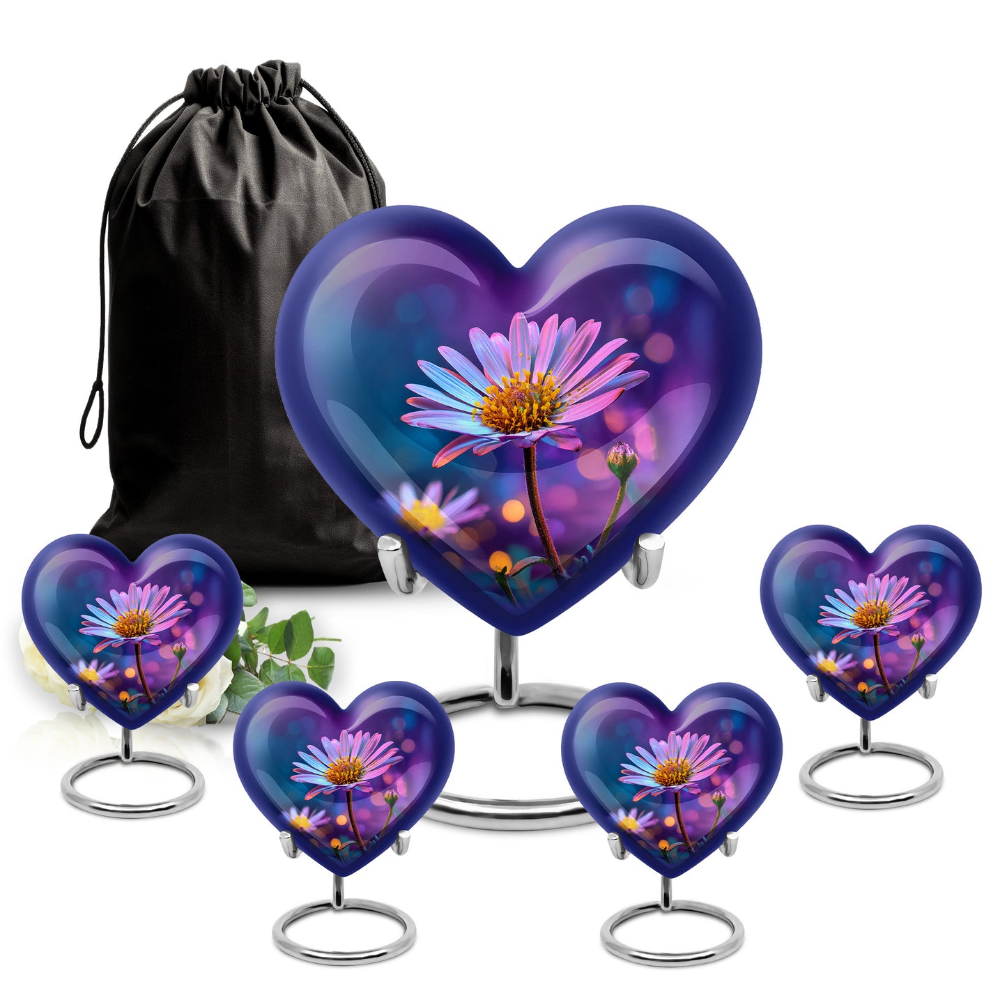Grape Purple Daisy Cremation Urn close-up of engraving and surface detail - romantic heart urn with daisy motif on aluminum - memorial set with one large and four small urns
