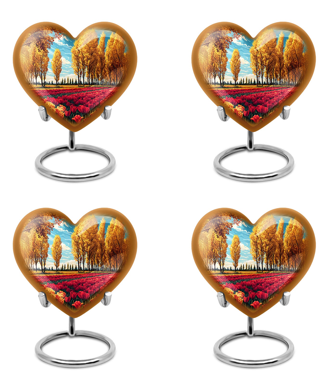 Deep Teal Garden Tulip Cremation Urn angled view of lid and engraved motif - romantic heart urn with garden tulip motif on aluminum - 10 inch aluminum urn for cremated remains