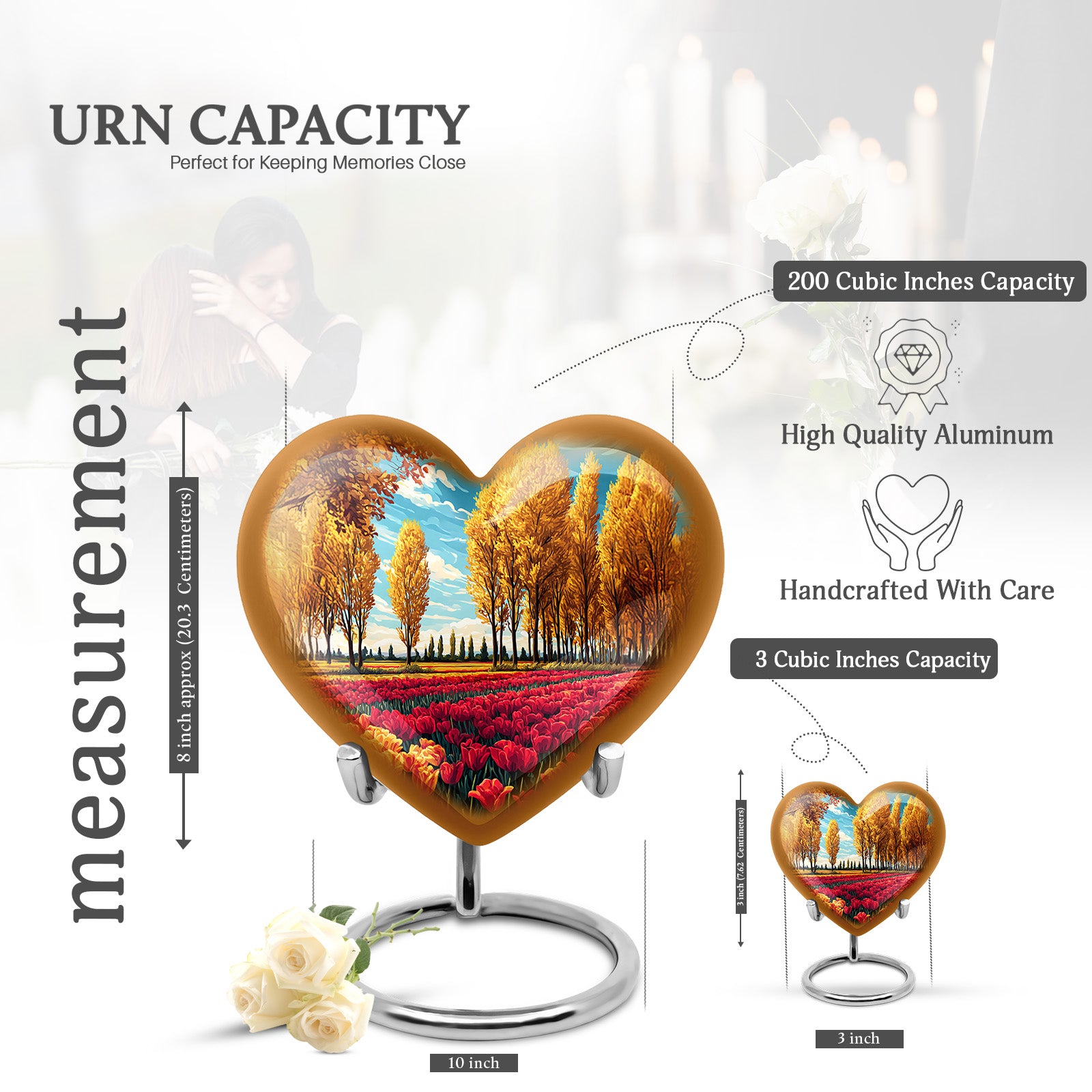 Vivid Teal Garden Tulip Cremation Urn front view showing detailed design - romantic heart urn with garden tulip motif on aluminum - mini keepsake memorial for portion of cremation ashes