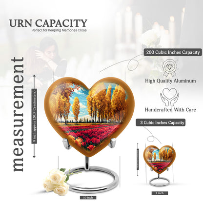 Vivid Teal Garden Tulip Cremation Urn front view showing detailed design - romantic heart urn with garden tulip motif on aluminum - mini keepsake memorial for portion of cremation ashes