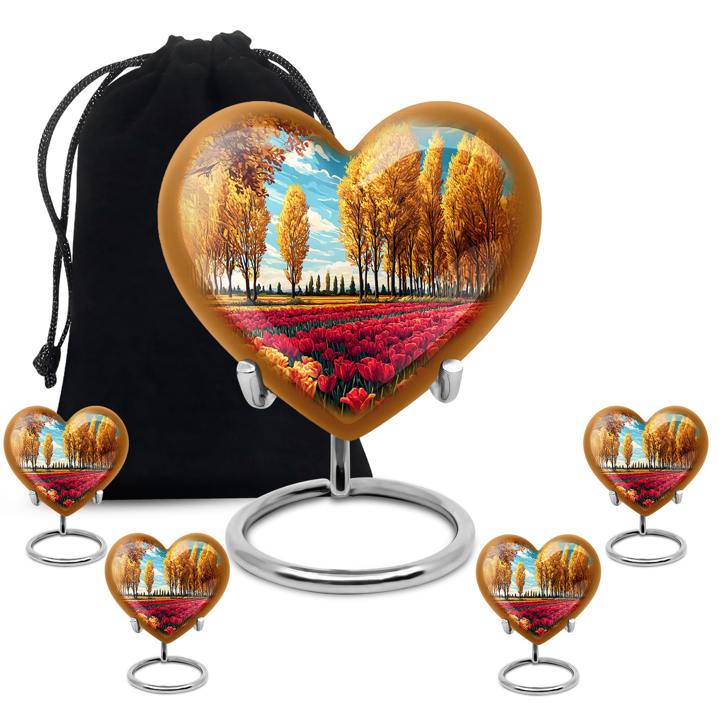Mystic Teal Garden Tulip Cremation Urn close-up of engraving and surface detail - compassionate heart-garden tulip combination with gentle curves - memorial set with one large and four small urns