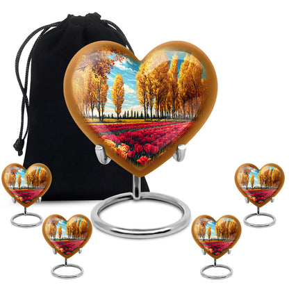 Mystic Teal Garden Tulip Cremation Urn close-up of engraving and surface detail - compassionate heart-garden tulip combination with gentle curves - memorial set with one large and four small urns
