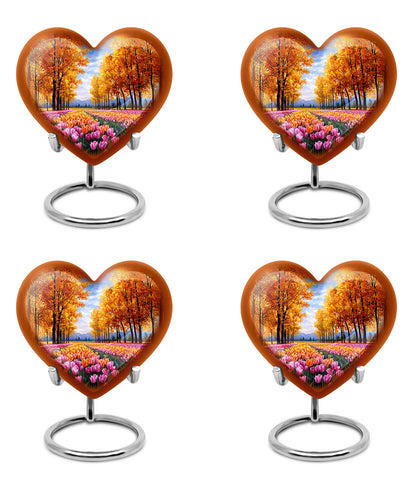 Gilded Gold Garden Tulip Cremation Urn angled view of lid and engraved motif - heart-shaped garden tulip design symbolizing eternal love - 10 inch aluminum urn for cremated remains