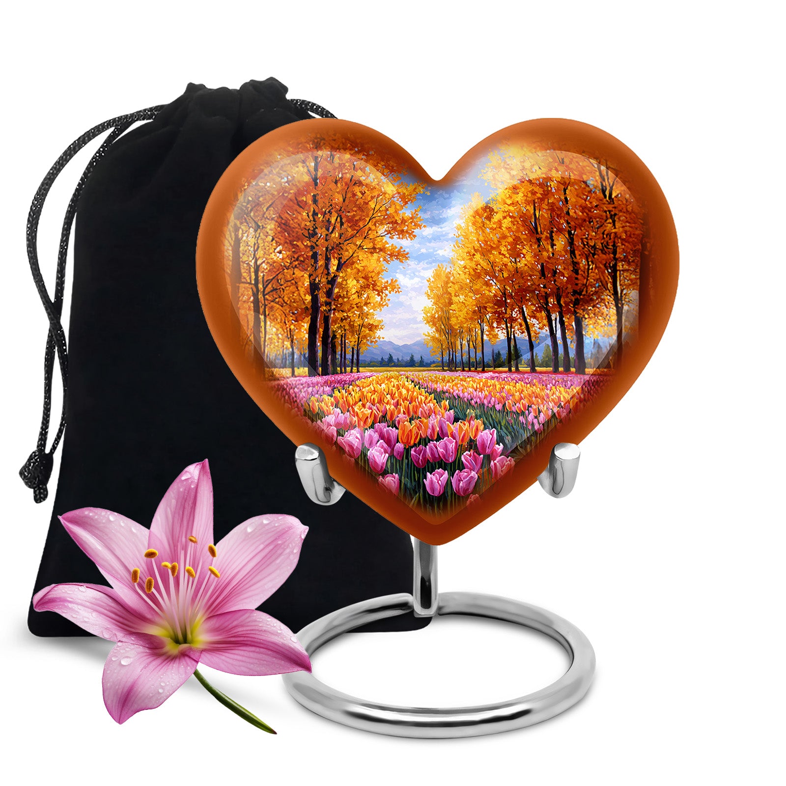 Amber Gold Garden Tulip Cremation Urn detail view - heart-shaped garden tulip design symbolizing eternal love - full-size 10 inch 200 cubic inch adult cremation urn