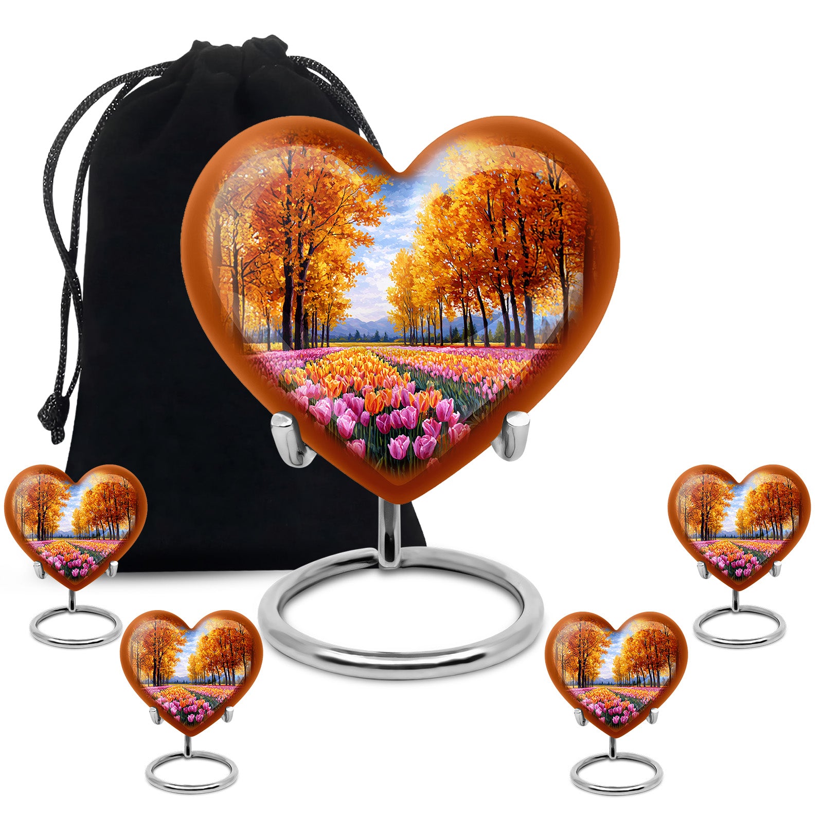 Sunrise Gold Garden Tulip Cremation Urn close-up of engraving and surface detail - heart-shaped garden tulip design symbolizing eternal love - memorial set with one large and four small urns